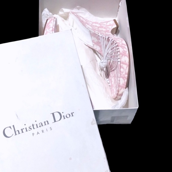 DIOR Vintage John Galliano Pink White Monogram Logo Trotter Platform Sandal Heel - Picture 2 of 14